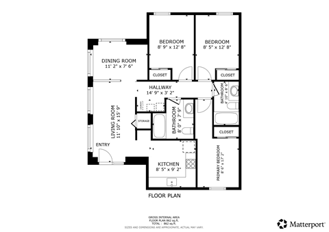 A floor plan for a home with two bedrooms, a living room, dining room, kitchen, and bathroom.